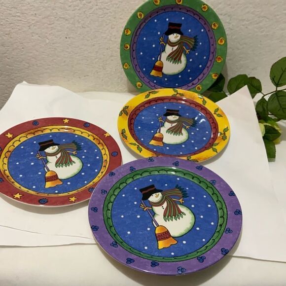 Set 4 Salad Dessert Plates Sango Sweet Shoppe Sue Zipkin Christmas Snowman A13 - Picture 2 of 8